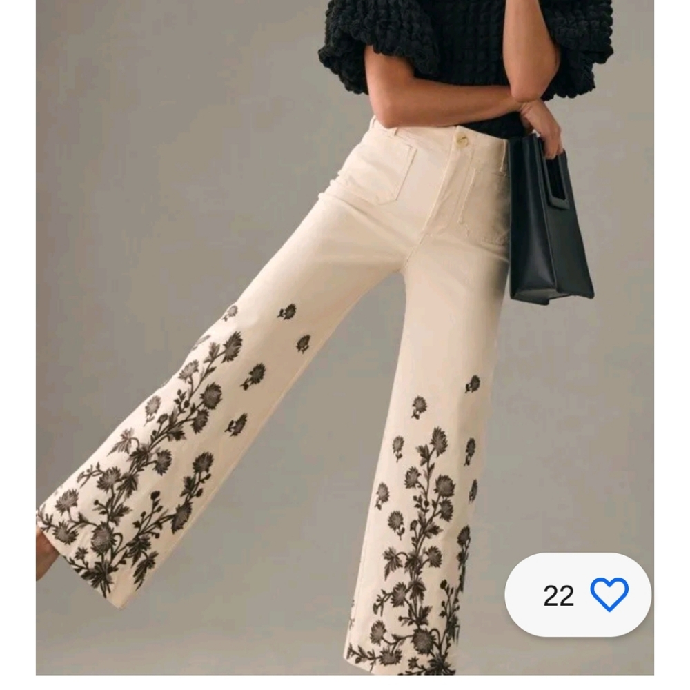Anthropologie Cream Ankle Jeans with Black Floral Embroidery - Picture 2 of 8